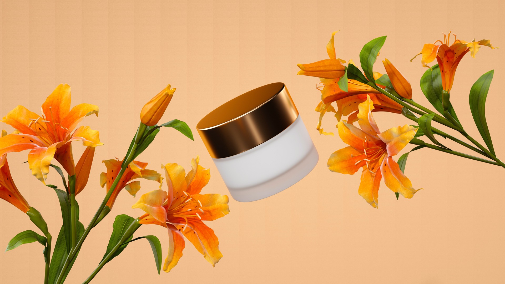 Cosmetic jar with orange lilies, green leaves, and golden accents on a beige background. Luxury skincare, minimalist design, botanical theme, premium branding - 3D render.